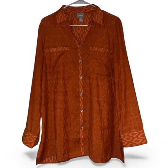 Chico’s Women’s Burnt Orange Button Down Casual Shirt in Textured Fabric Sz-L - Picture 1 of 6